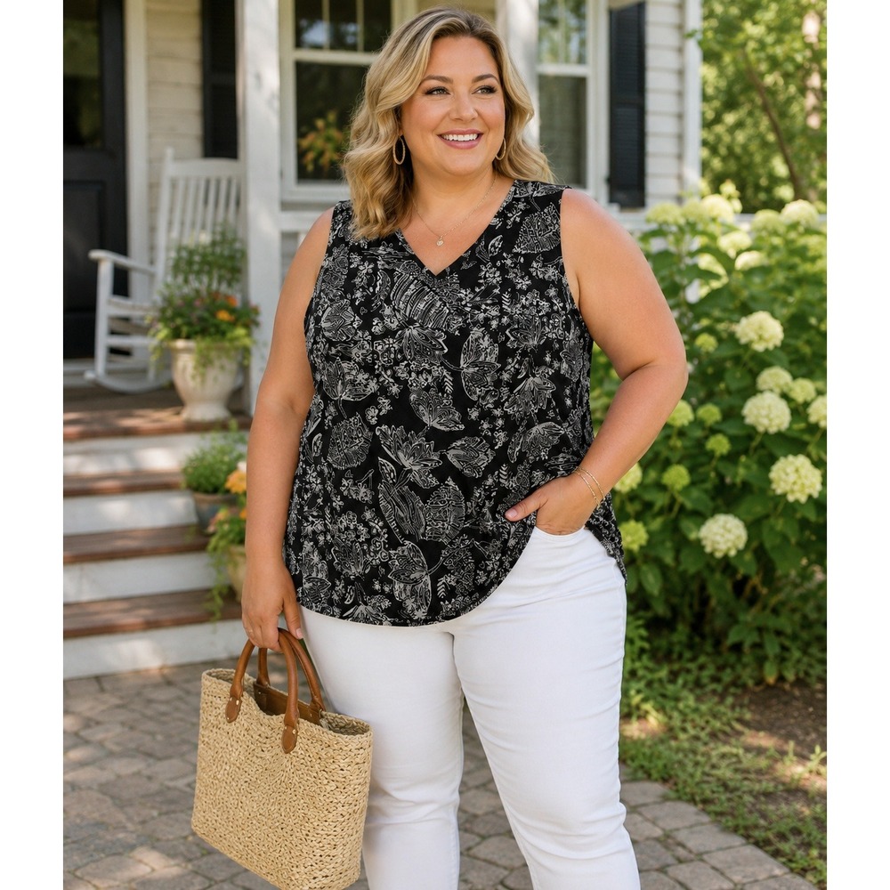 Dana Kay Women's 20W Black White Floral Sleeveless V-Neck Blouse Top